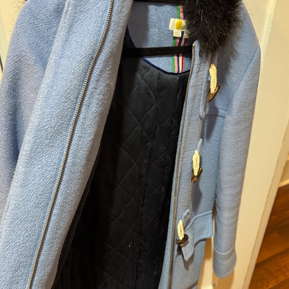 Boden Women's Blue Toggle Coat with Black Fur Trim - Picture 7 of 7